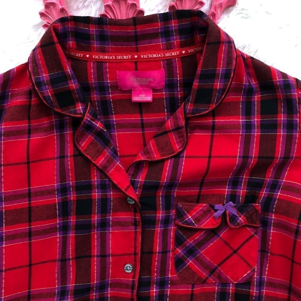 Victoria's Secret Plaid Flannel Pajama Top Metallic Lurex Red Purple Size M - Picture 11 of 15